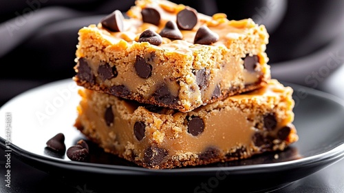   A plate of chocolate chip cheesecake squares in a close-up