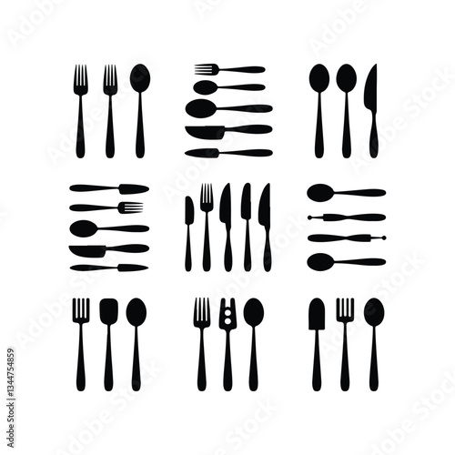 cutlery - fork, knife, spoon, teaspoon silhouette shape, set of black and white vector illustration, Continuous One Line Drawing. Spoons, Forks, Knife, Eating Utensils. Cooking Utensils Line Artvector