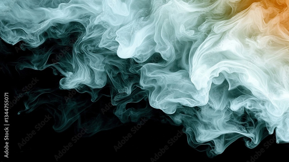 A black background is adorned by a blend of white and orange smoke, while a white and orange stripe graces the left edge of the image A black background is adorned by a blend of white and orange smoke, while a white and orange stripe graces the left edge of the image