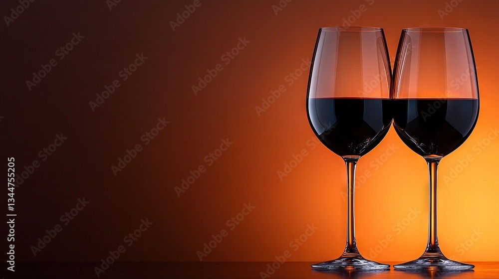 A pair of wine glasses resting on a wooden table against an orange backdrop A pair of wine glasses resting on a wooden table against an orange backdrop