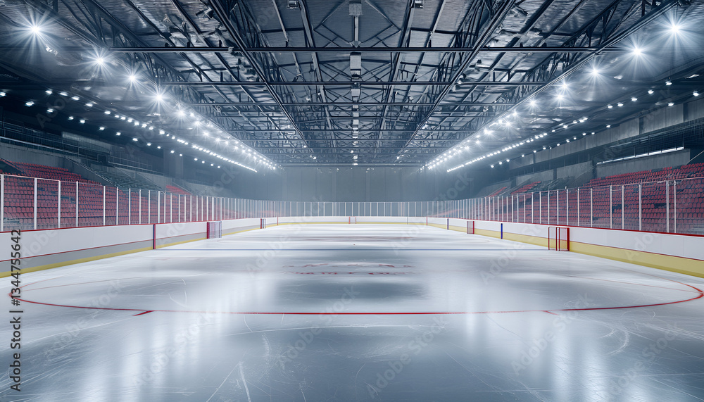 Pristine Ice Hockey Arena Under Bright Lights for Team Sports and Competitive Games Concept Pristine Ice Hockey Arena Under Bright Lights for Team Sports and Competitive Games Concept