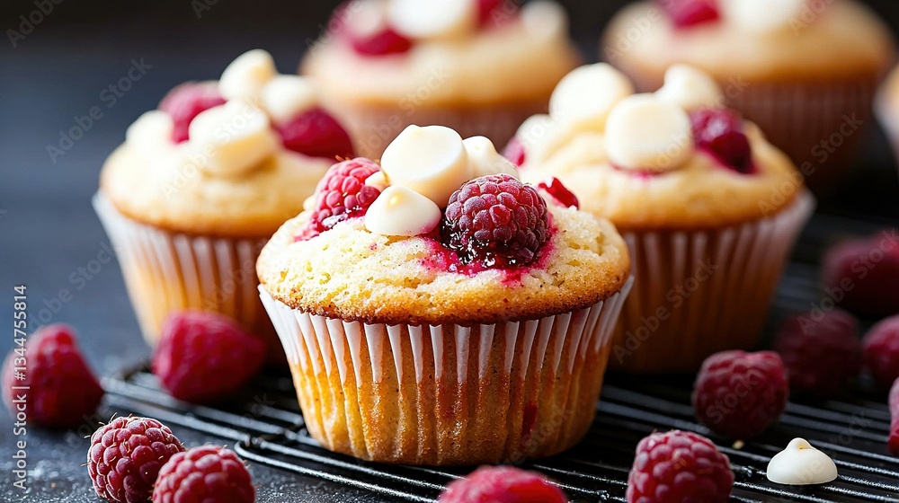 A muffin with raspberries on a cooling rack surrounded by muffins A muffin with raspberries on a cooling rack surrounded by muffins