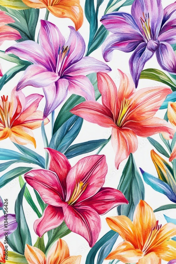 Fototapeta premium Watercolor painting showcasing a vibrant and seamless pattern of colorful lilies, creating a captivating floral design against a dark blue backdrop