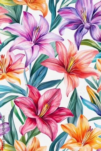 Watercolor painting showcasing a vibrant and seamless pattern of colorful lilies, creating a captivating floral design against a dark blue backdrop