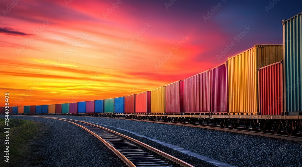 Obraz premium Colorful cargo train at sunset