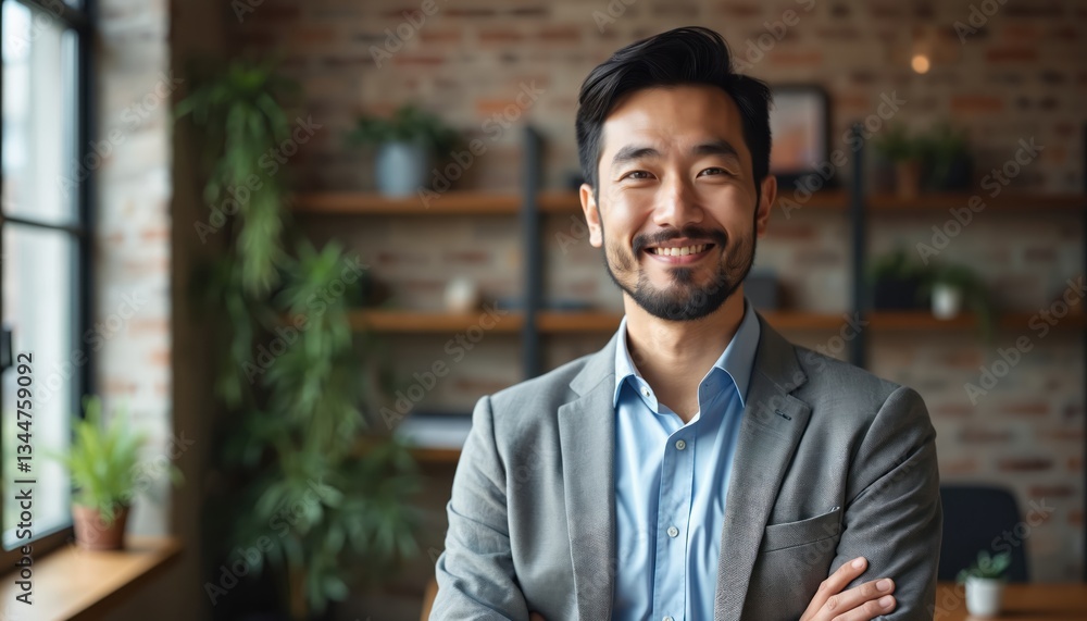 Obraz premium Smiling Asian businessman in formal suit portrait. Happy entrepreneur, confident leader in office environment. Successful management consultant. Demonstrates positive work attitude for career growth.