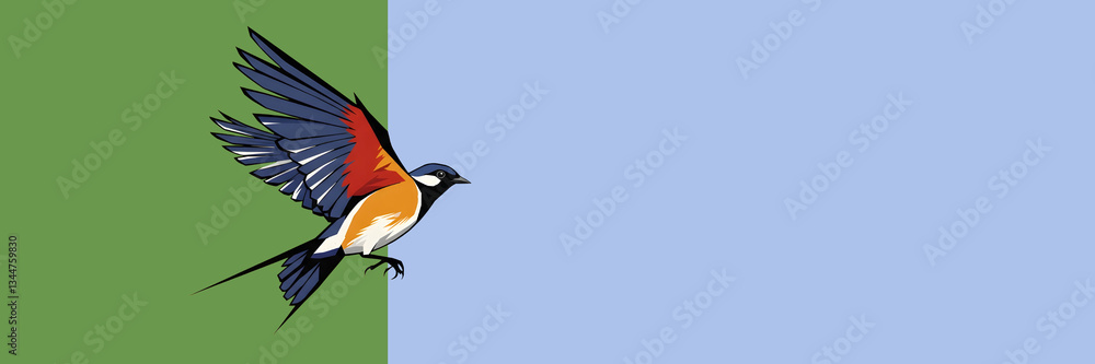 Obraz premium Flying Swallow Illustration - Muted Olive Green / Dusty Blue Background