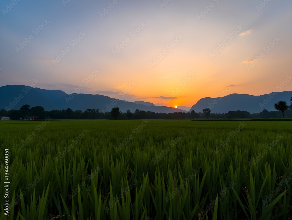 Sunset over the mountains and ripe rice field in the foreground. Sunset over the mountains and ripe rice field in the foreground.