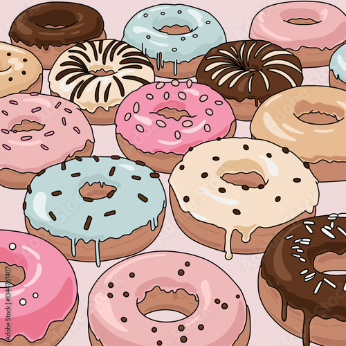 Frosted Multicolor Sprinkled Glazed Donuts Set of on Pink Color Background Illustrated Vector