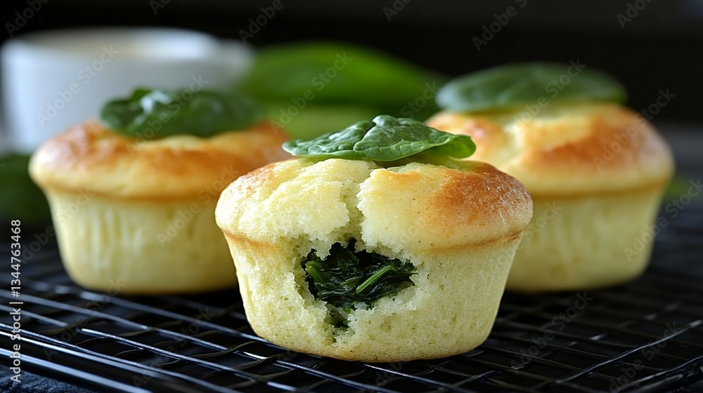 baked muffins with spinach filling on rustic background baked muffins with spinach filling on rustic background
