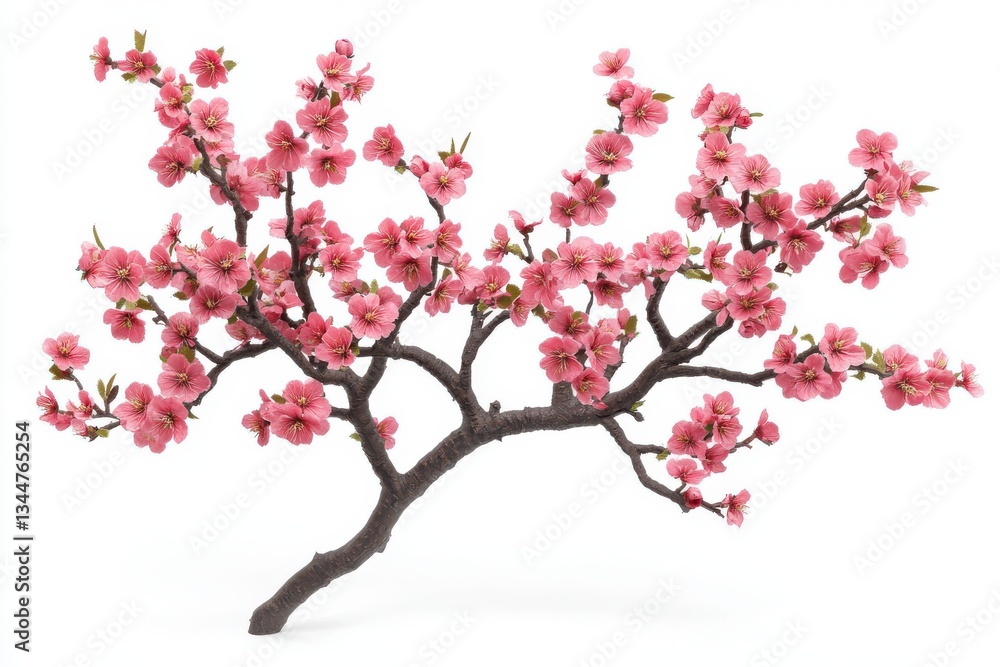 Cherry blossom tree branch with small pink flowers blooming isolated on white background for springtime inspiration Cherry blossom tree branch with small pink flowers blooming isolated on white background for springtime inspiration