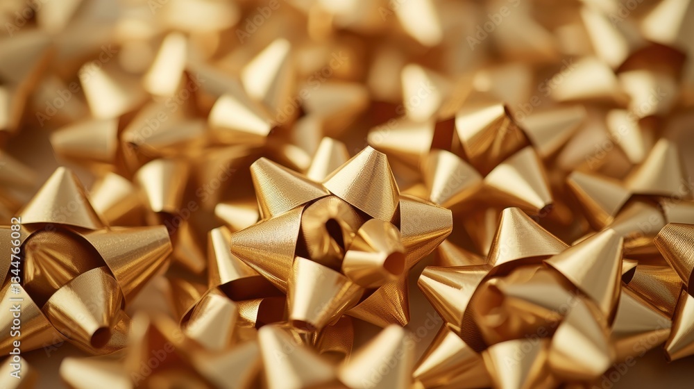 A close-up view of shimmering gold gift bows, creating a festive and celebratory atmosphere, perfect for holiday decorations. A close-up view of shimmering gold gift bows, creating a festive and celebratory atmosphere, perfect for holiday decorations.