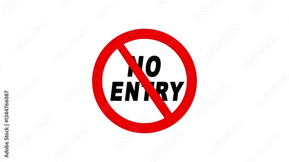 No entry warning sign with red circle and text on white background animation. No entry warning sign with red circle and text on white background animation.