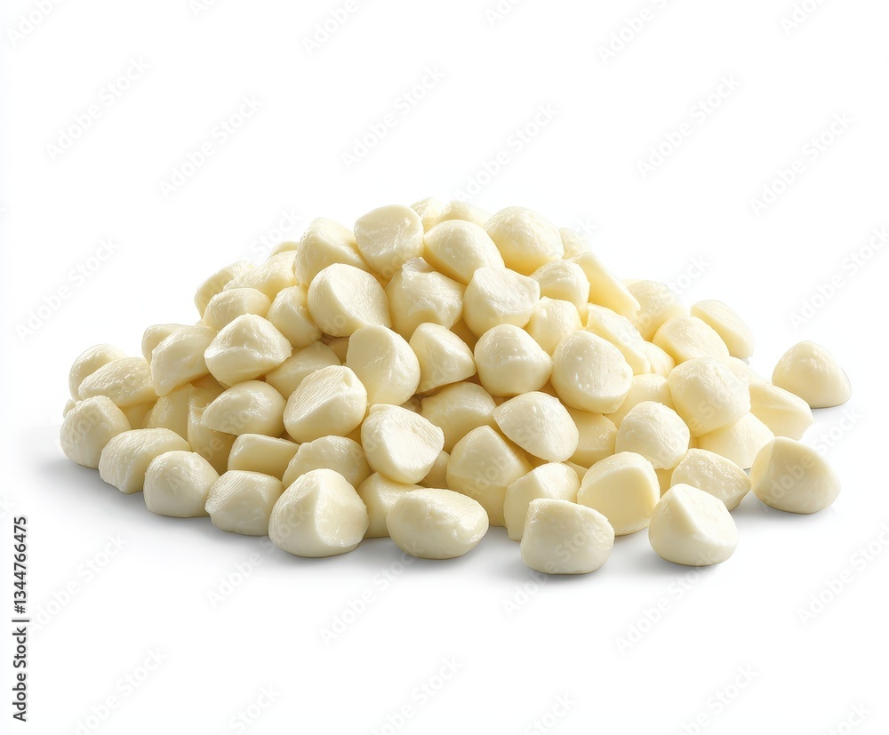 A pile of small, round, white cheese pieces, resembling mozzarella, often used in various culinary dishes and salads.