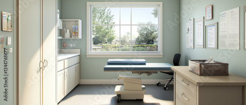 Wallpaper Mural Compact pediatric exam room with a small table, medical tools, and a box of bandages-4 Torontodigital.ca