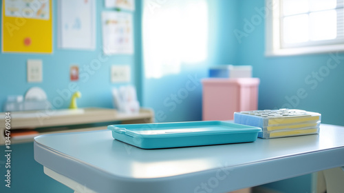 Wallpaper Mural Empty pediatric clinic with an exam table, a neatly arranged medical tray, and a fresh bandage box-3 Torontodigital.ca