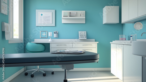 Wallpaper Mural Empty pediatric clinic with an exam table, a neatly arranged medical tray, and a fresh bandage box-1 Torontodigital.ca