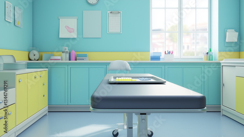 Wallpaper Mural Empty pediatric clinic with an exam table, a neatly arranged medical tray, and a fresh bandage box-2 Torontodigital.ca