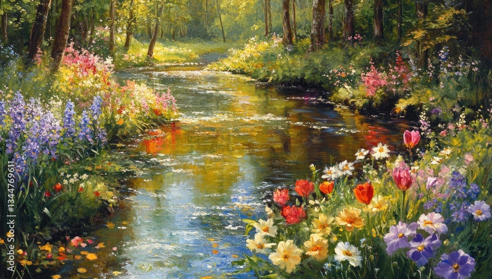 Colorful stream winding through a vibrant flower-filled forest Colorful stream winding through a vibrant flower-filled forest