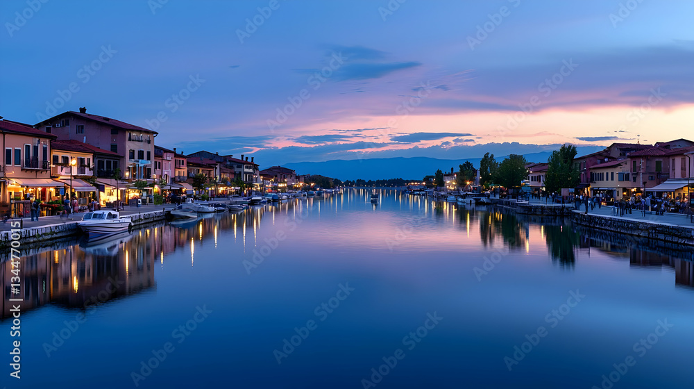 Fototapeta premium City Canal Reflecting Buildings And Lights At Dusk With Blue Sky And Calm Water