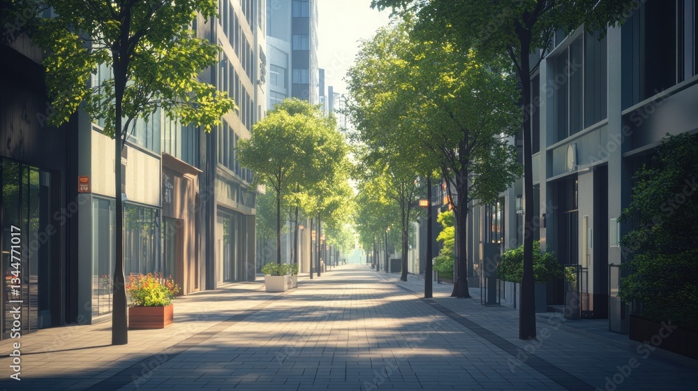 Fototapeta premium Sunlit Urban Walkway with Lush Green Trees and Modern Architecture