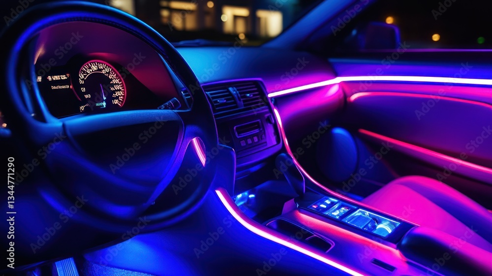 Fototapeta premium Interior of a car at night, illuminated by vibrant neon lights