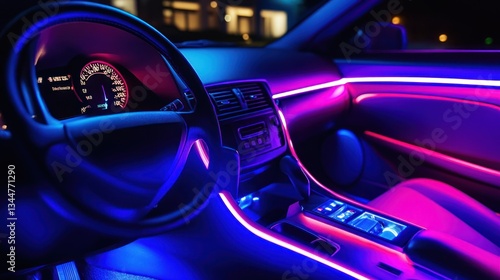 Interior of a car at night, illuminated by vibrant neon lights