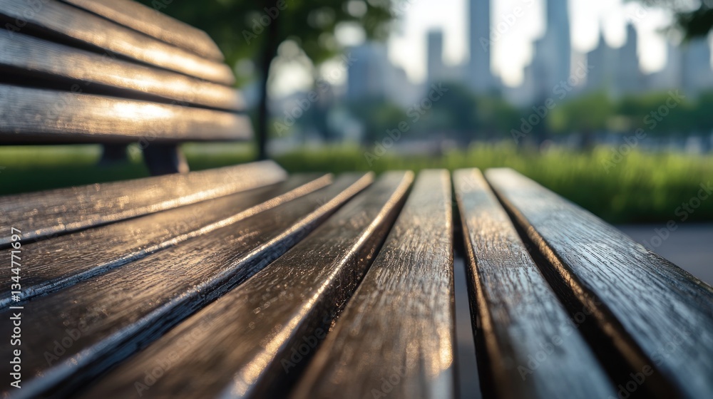 Sunlit Wooden Bench in a Serene Outdoor Setting with Blurred Urban Background Sunlit Wooden Bench in a Serene Outdoor Setting with Blurred Urban Background