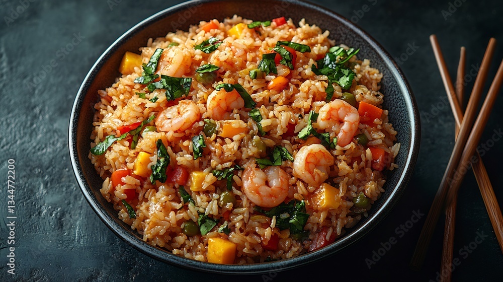 Spicy fried rice stir fried shrimp vegetables egg soy sauce served a bowl chopsticks placed alongside top view showcases the colorful ingredients Spicy fried rice stir fried shrimp vegetables egg soy sauce served a bowl chopsticks placed alongside top view showcases the colorful ingredients