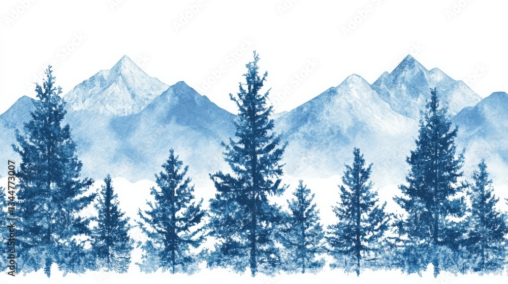 Fototapeta premium Tranquil Blue Mountain Landscape with Majestic Pine Trees in Watercolor Style