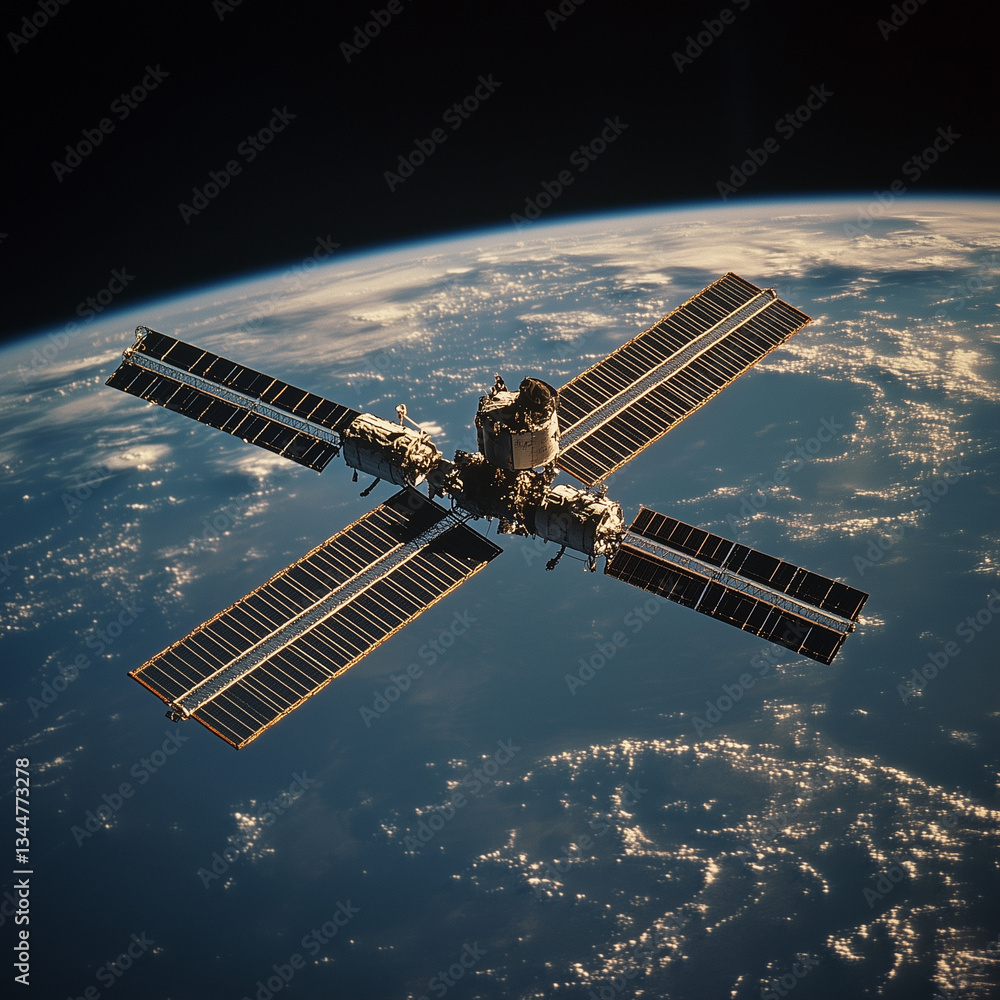 Obraz premium satellite with solar panels is floating in space
