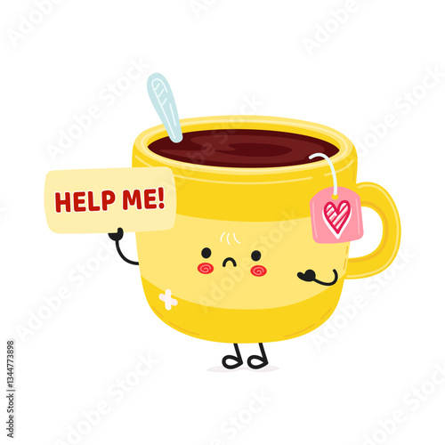 Adorable Tea Cup character needs help, holding a sign in a humorous plea for assistance.