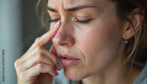Woman presses finger to nose bridge, experiencing sinus pain. Discomfort, headache, facial pressure due cold, allergy, flu. Seeking relief through massage, natural remedy. Focus on wellness,