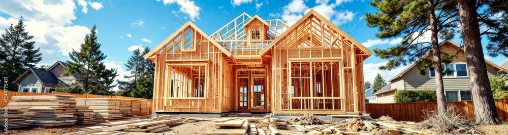 new house under construction: wooden frame against a blue sky new house under construction: wooden frame against a blue sky
