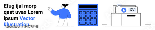 Woman gesturing toward a calculator and file drawer with CVs, representing organization, analysis. Ideal for recruitment, job applications, education, accounting, business management, planning