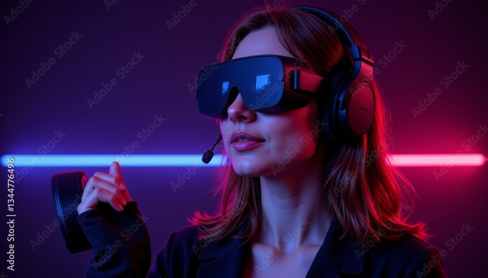 Woman immersed in virtual reality, cyberpunk neon Woman immersed in virtual reality, cyberpunk neon