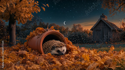 hedgehog in a shelter in the garden at night
