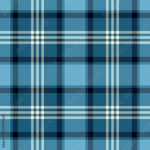 Teal and navy blue tartan seamless pattern with white and black stripes