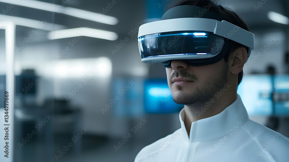 Man in VR headset in futuristic facility Man in VR headset in futuristic facility