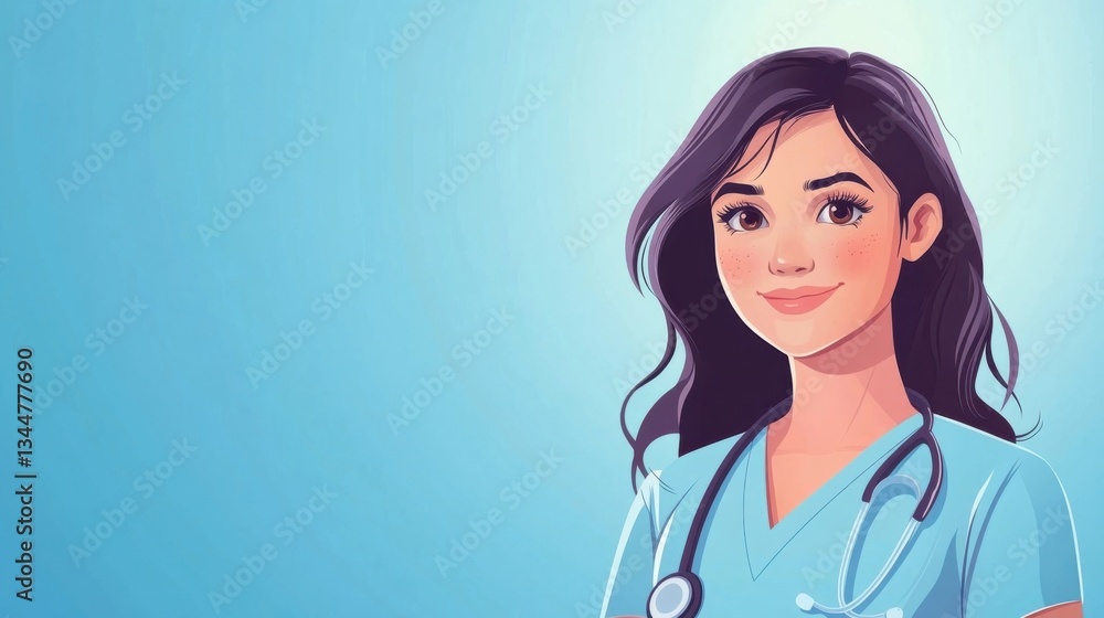 Smiling nurse illustration in blue scrubs and stethoscope on blue background with copy space, ideal for health care, medical education, and wellness themes. Smiling nurse illustration in blue scrubs and stethoscope on blue background with copy space, ideal for health care, medical education, and wellness themes.