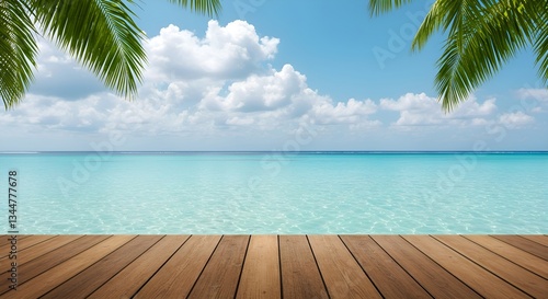 A serene tropical beach scene featuring a wooden deck in the foreground, clear turquoise waters, and lush green palm leaves framing the view. The blue sky with soft clouds and a peaceful atmosphere.