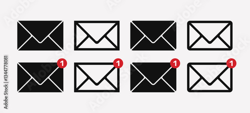 Email icon set. email sign and symbol. Envelope icon on a white background. Email icon with a notification badge.