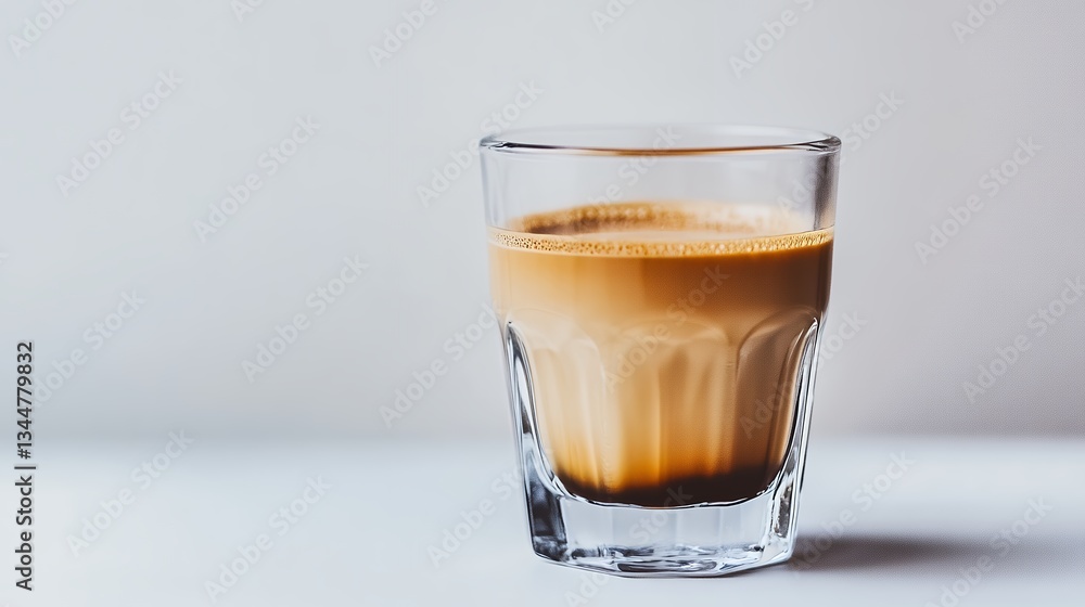 Glass of Cortado Coffee Drink on White Tabletop Against Plain Backdrop Glass of Cortado Coffee Drink on White Tabletop Against Plain Backdrop