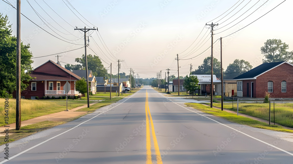 Empty Road Leading Through a Small Rural Town with Houses and Power Lines under Clear Sky at Daytime Empty Road Leading Through a Small Rural Town with Houses and Power Lines under Clear Sky at Daytime