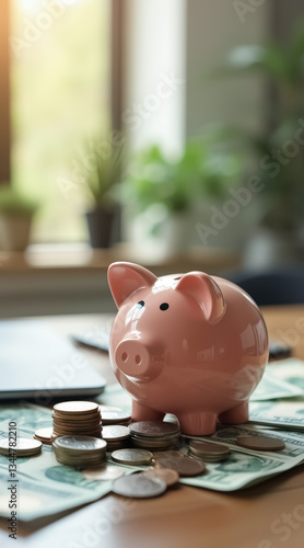 pink piggy bank with coins and dollar bills representing financial savings