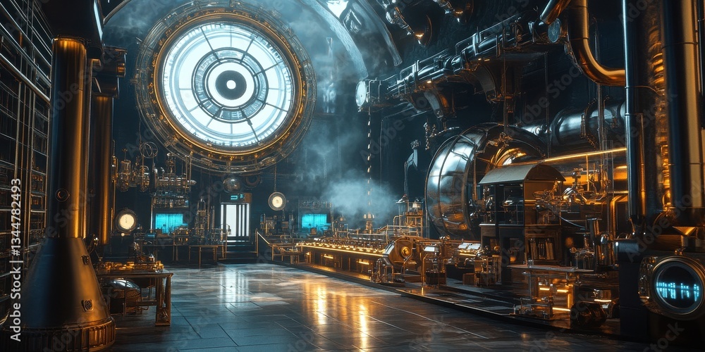 An elaborate steampunk laboratory filled with gears and machines appears An elaborate steampunk laboratory filled with gears and machines appears