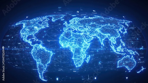 Global network map with glowing world outline and digital data overlays.