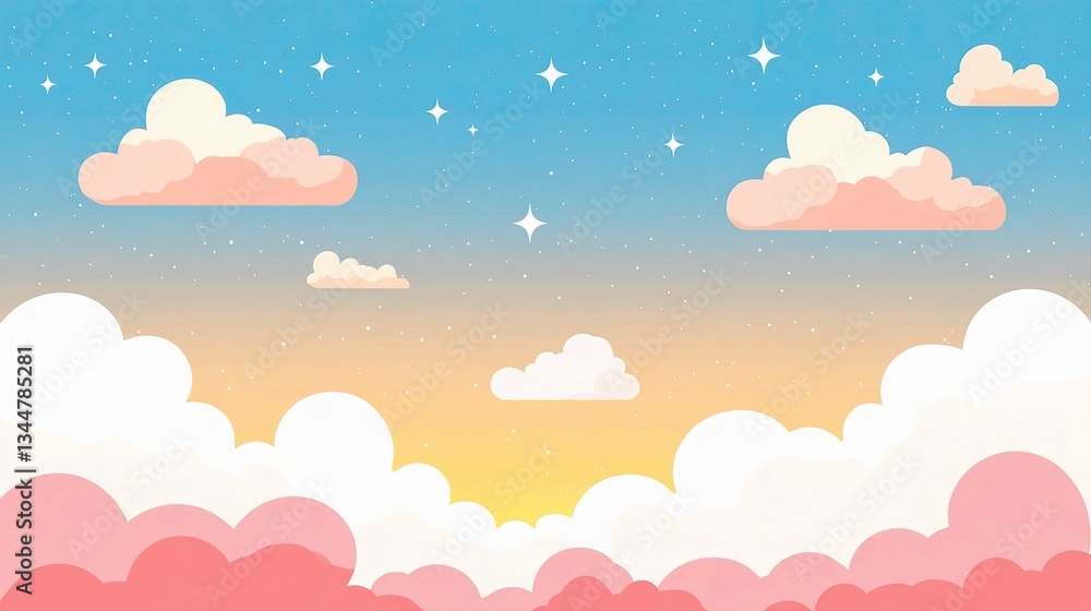 Dreamy Summer Sky with Fluffy Clouds and Sparkling Stars Illustration Dreamy Summer Sky with Fluffy Clouds and Sparkling Stars Illustration