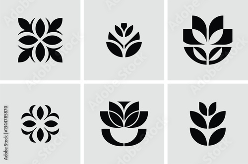 Set of Six Abstract Floral and Botanical Logo Icons in Modern Style