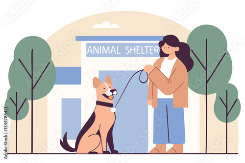 Vector illustration of a girl adopting a dog from a pet shelter
